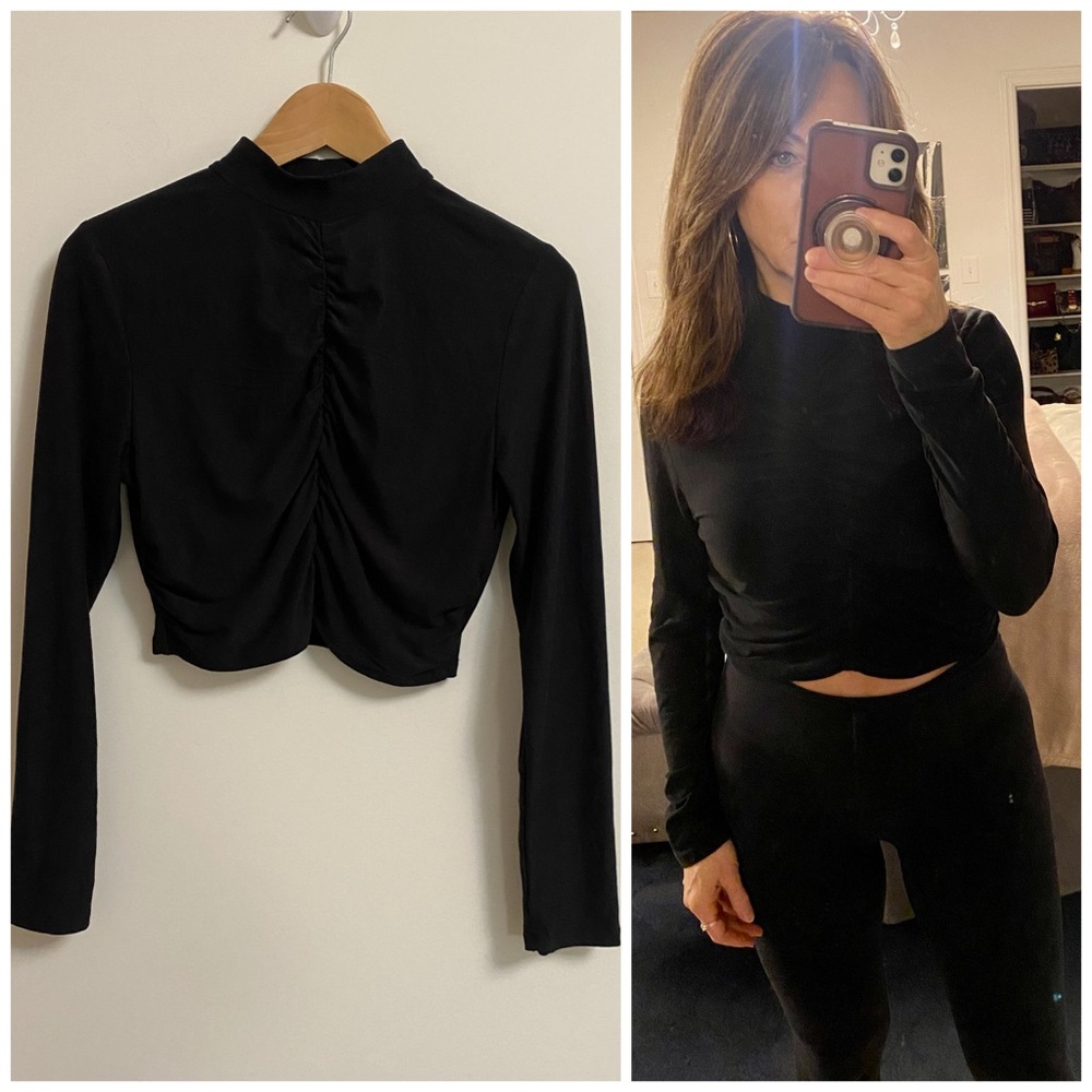 DEREK HEART Cropped Ruched Black Long-Sleeve Top LARGE